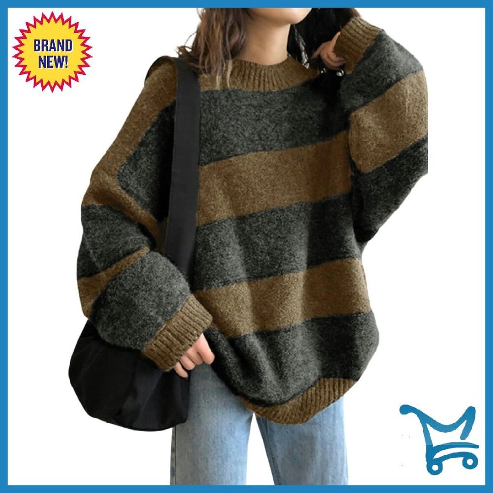 Oversized Striped Pullover Sweater 100% Polyester Long Sleeve Crewneck - Picture 1 of 8